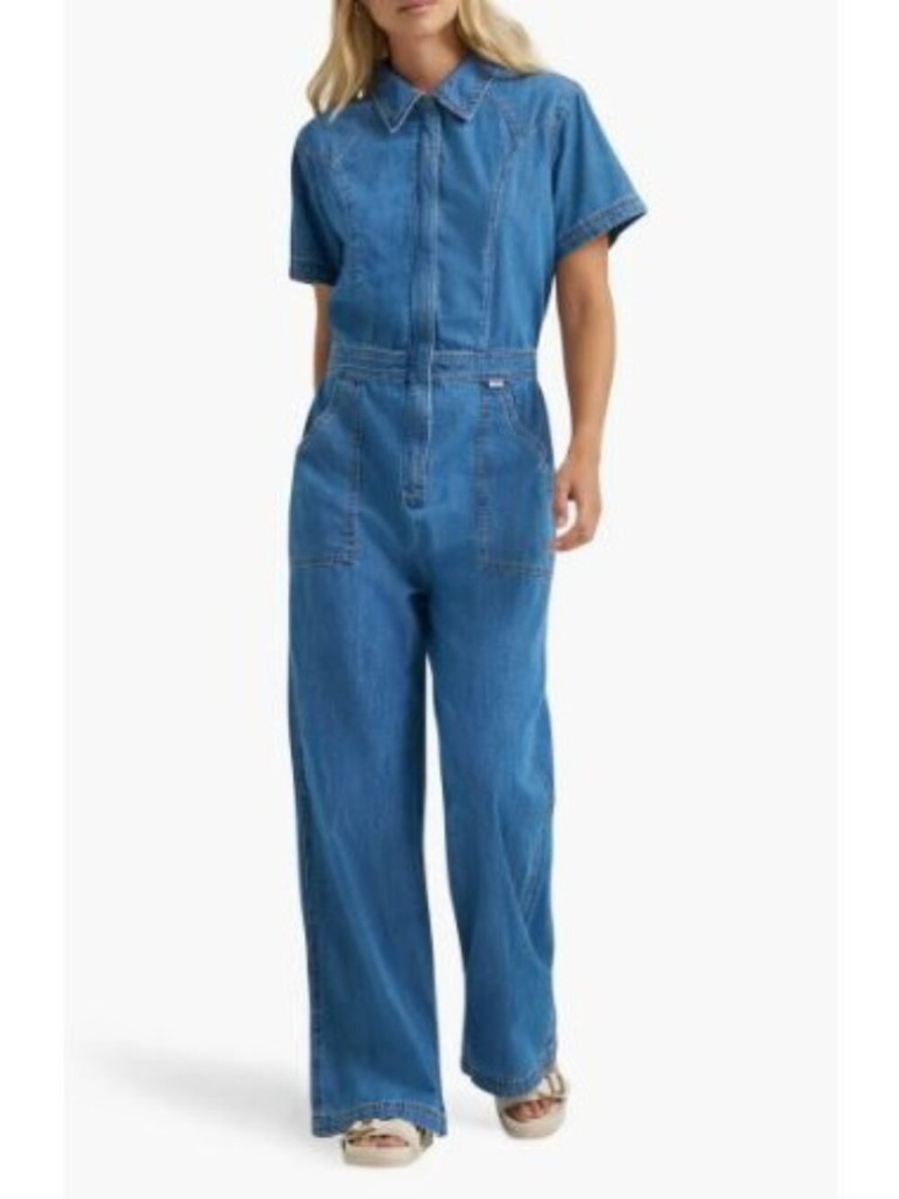 Gabifresh Jumpsuit Short-Sleeve Flared Legs Women Size Large Blue Medium Wash